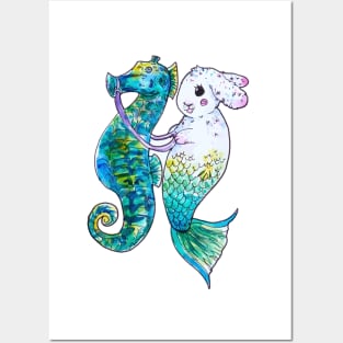 Seahorse Riding Mermaid Bunny Posters and Art